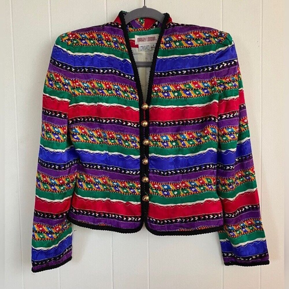 Maggy London Blouse Women’s 4 Red Multicolor Silk Braided Boho Fiesta Party VTG
